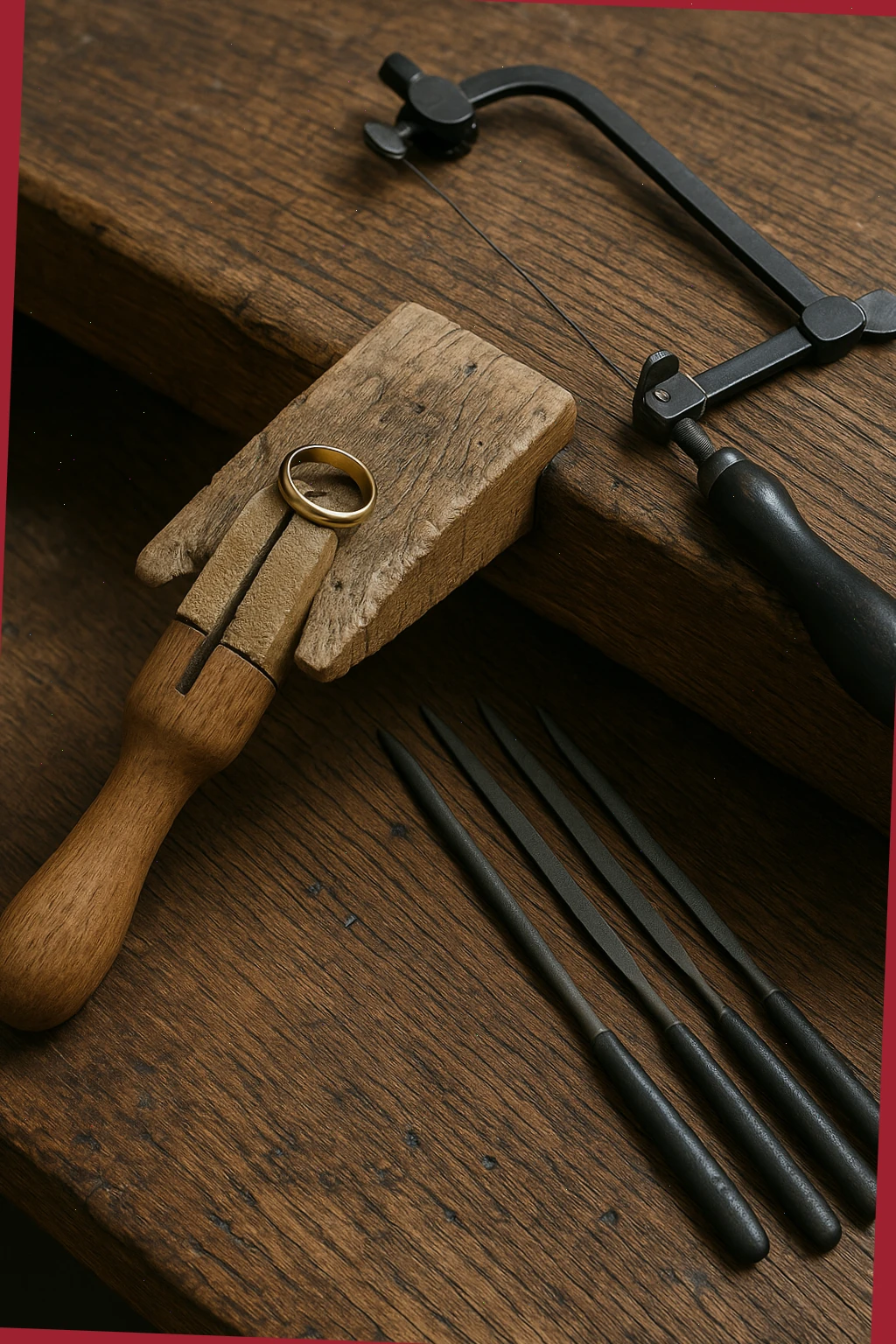 bench peg with ring clamp, saw frame and fine files on worn oak top